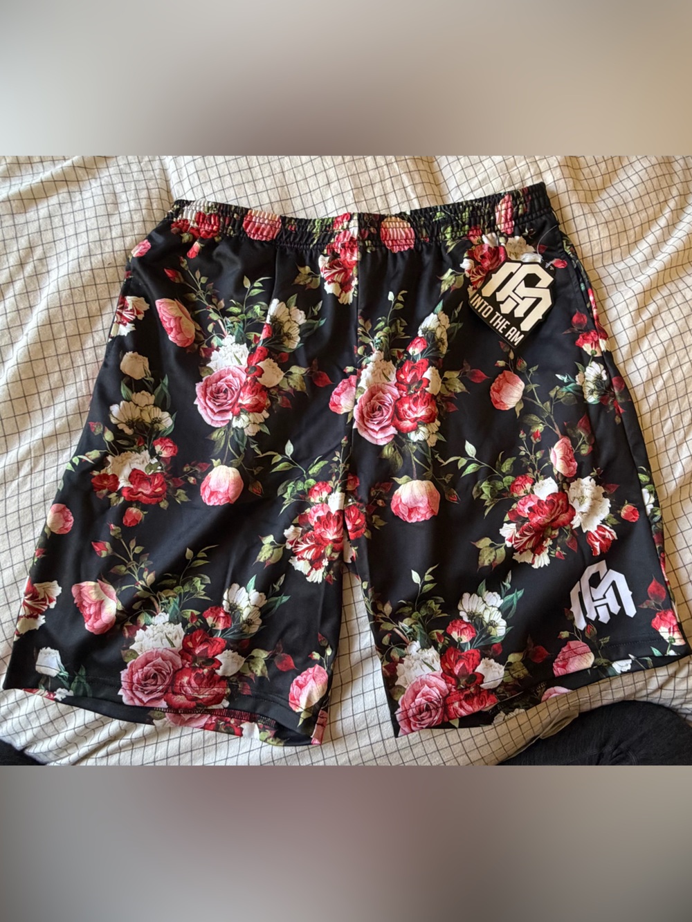 Men's Athletic Floral Print Shorts - Black with Pink Rose Pattern